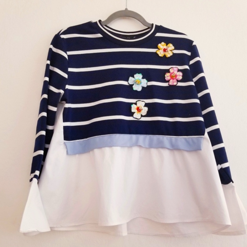 Navy Striped Kids Top with Floral Accents